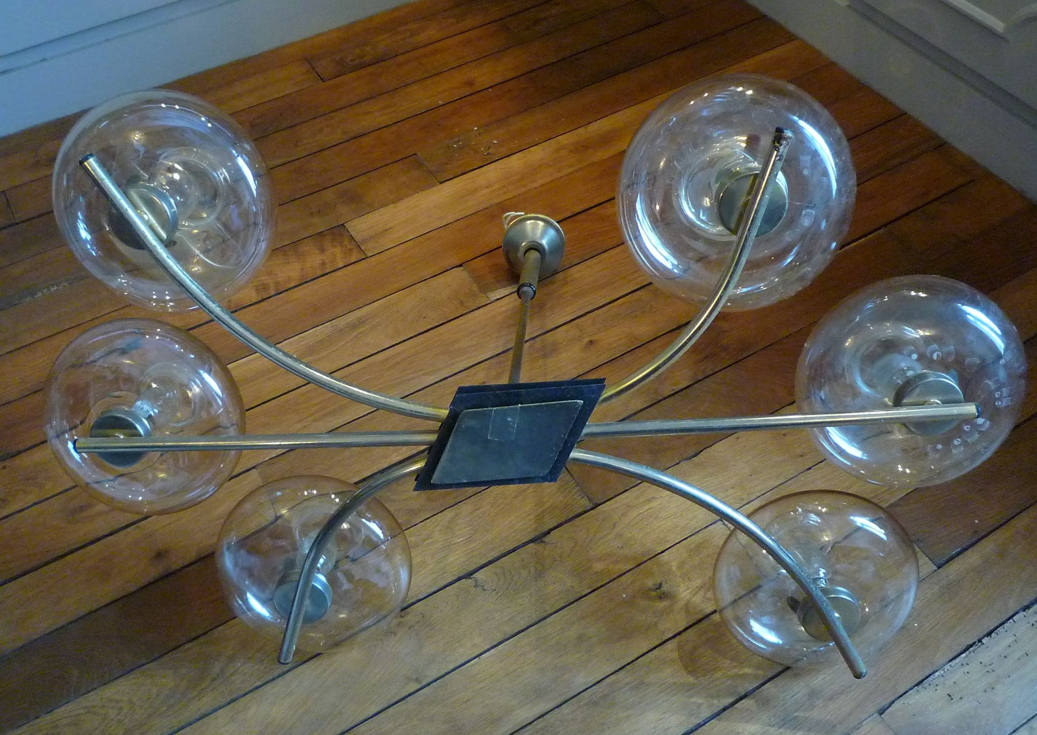 Vintage chandelier 6 lights, metal and glass, vintage 1950s