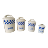 Blue checkered earthenware spice pots
