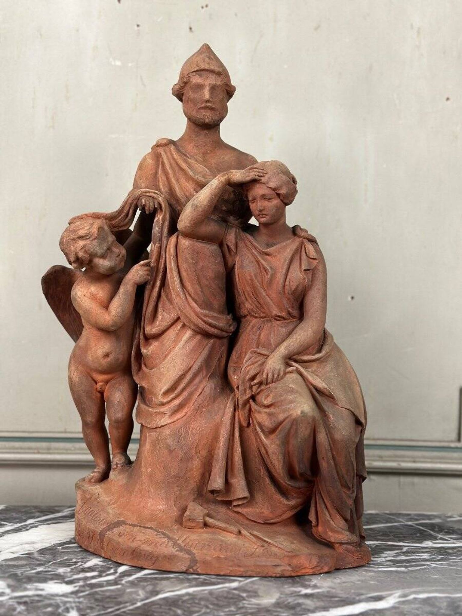 The sculpture, original terracotta signed and dedicated, Charles Van Oemberg.
