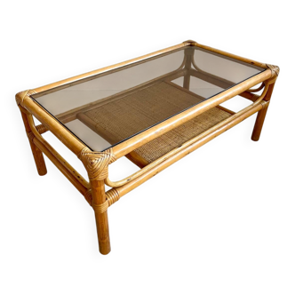 Coffee table 1960s/70s - smoked glass / bamboo / rattan / wicker