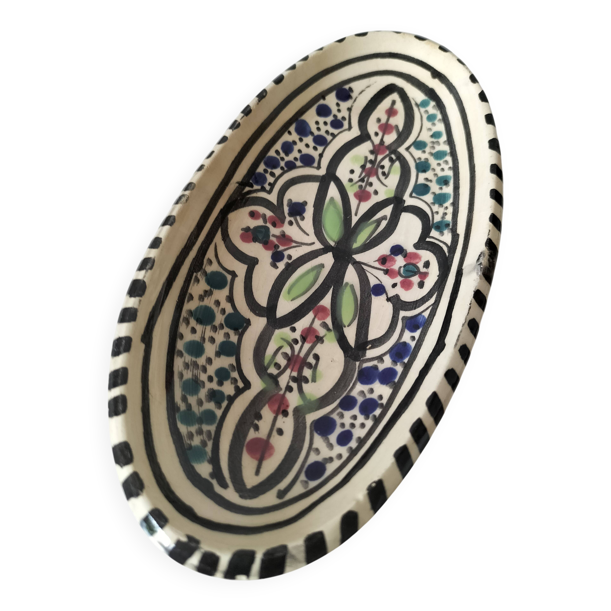 Moroccan glazed ceramic dish in Safi craft style