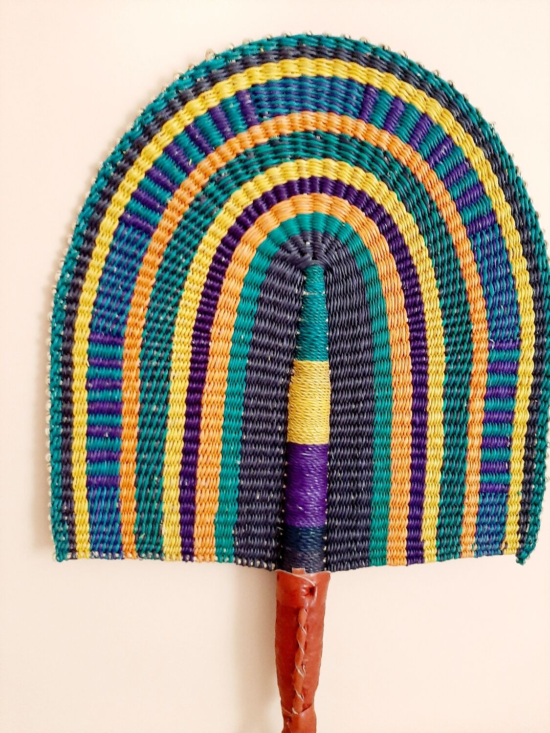 Bolga African fan, woven purple orange yellow green black