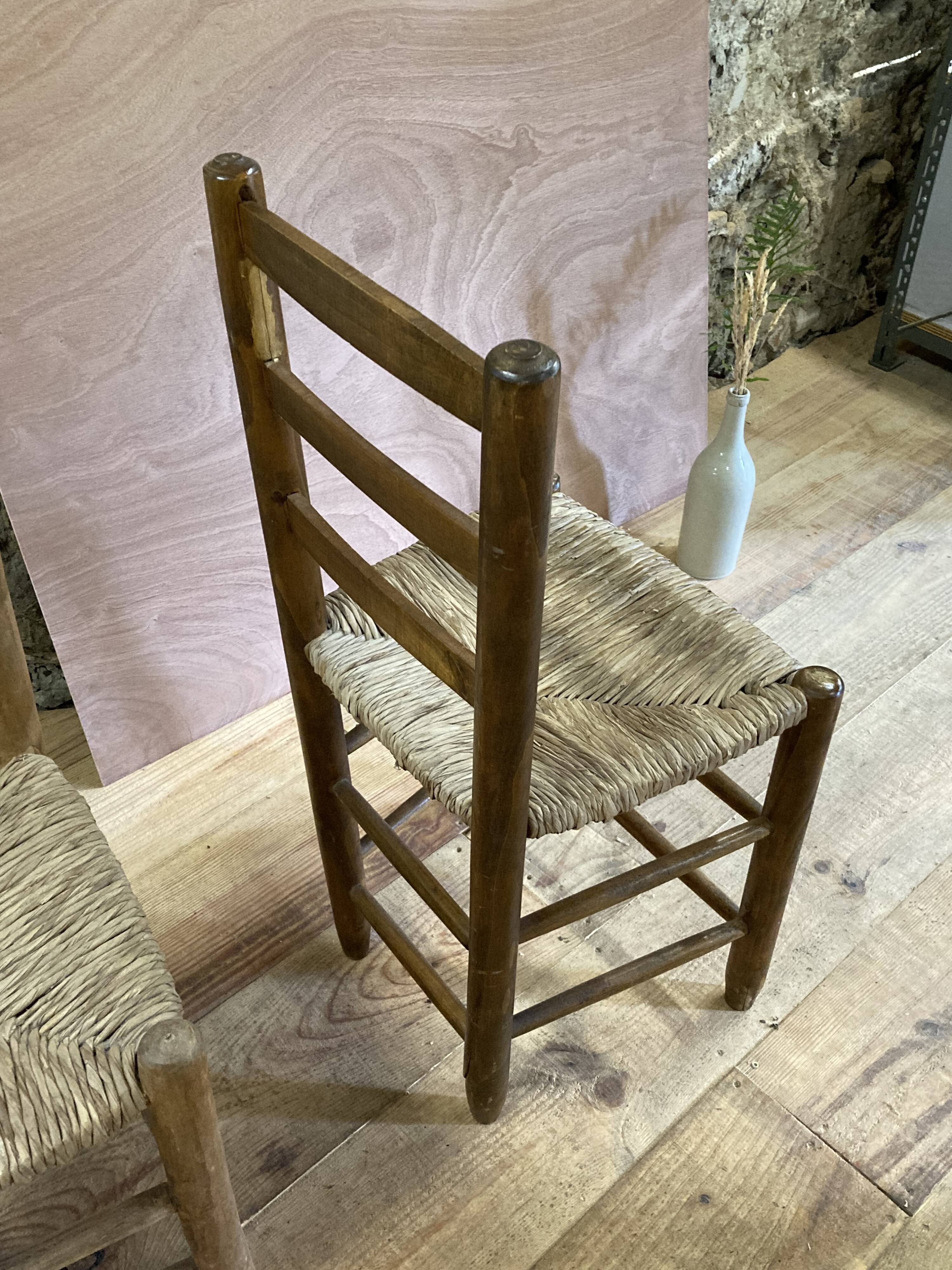 Pair of rustic-style vintage straw wood brutalist chairs