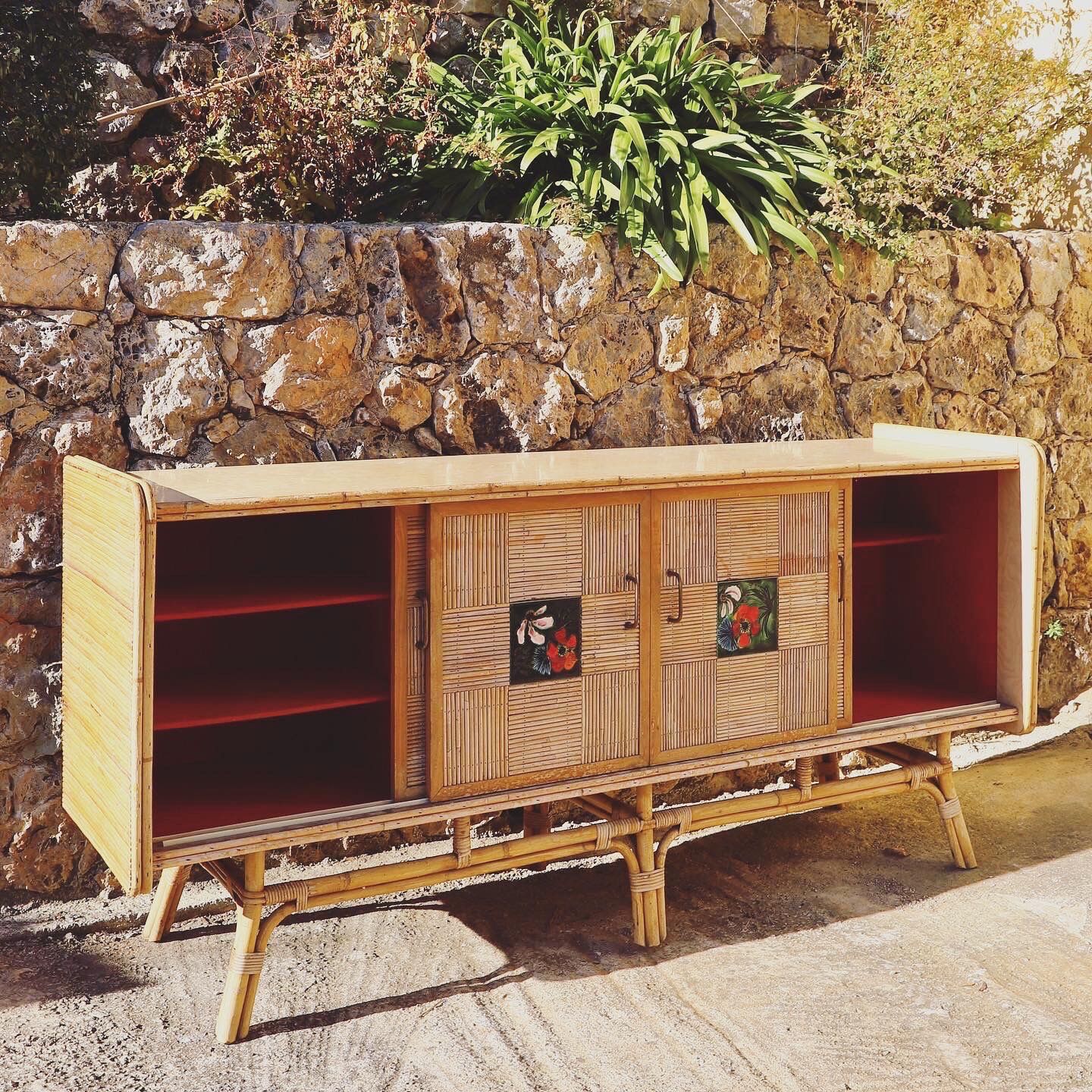 Rattan and ceramic enfilade 1960
