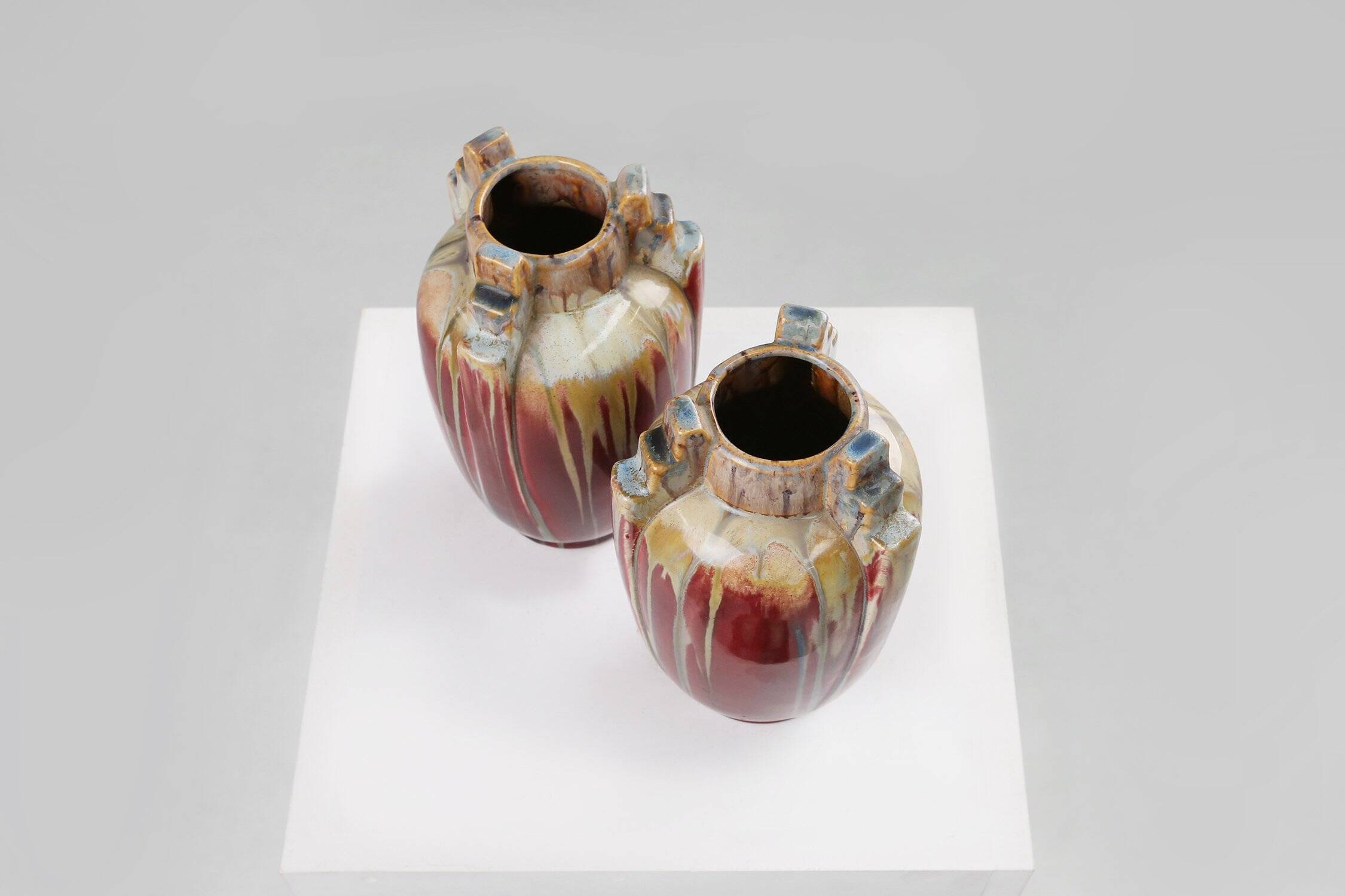 Pair of Sculptural Art Deco Glazed Ceramic Vases, Belgium 1930s