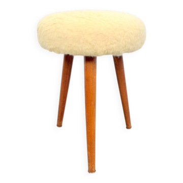 Vintage Swedish Three Legged Sheepskin Stool, 1970