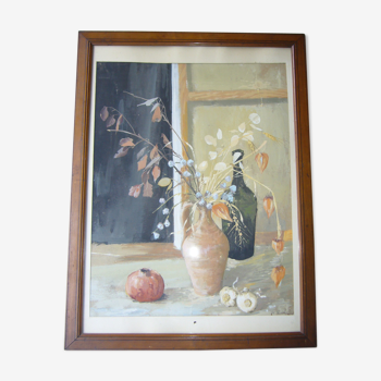 Still life oil on cardboard signed framed under glass