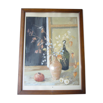 Still life oil on cardboard signed framed under glass