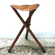 Folding tripod stool in wood and leather, 1950s