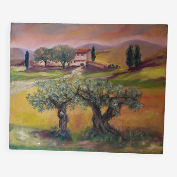 Tableau signé peinture huile Paysage de Toscane