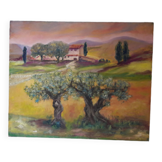 Tableau signé peinture huile Paysage de Toscane