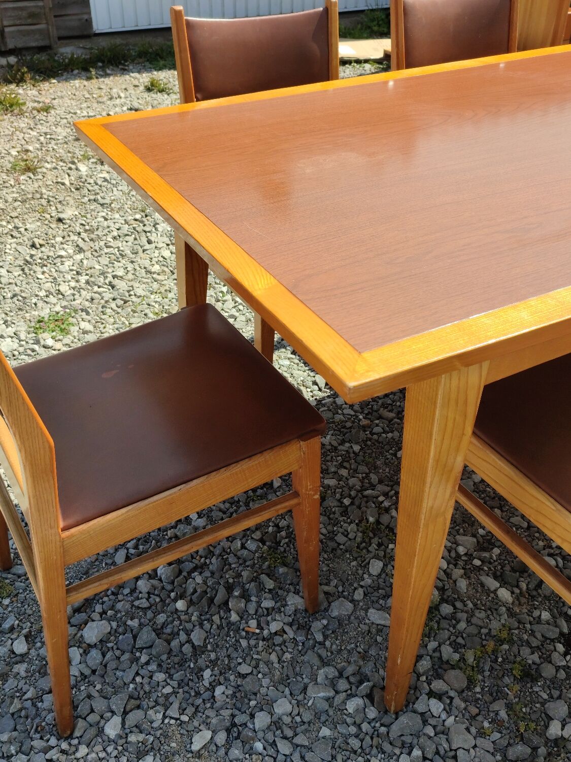 Formica teak table + 10 vintage Scandinavian style chairs