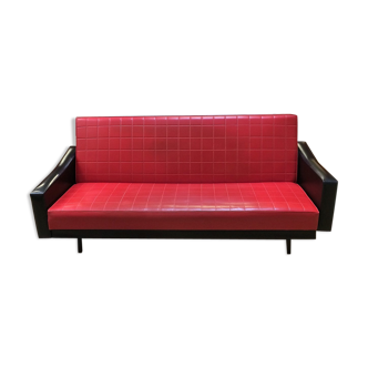Canapé convertible daybed rockabilly bicolore skaï rouge et noir - années 50/60