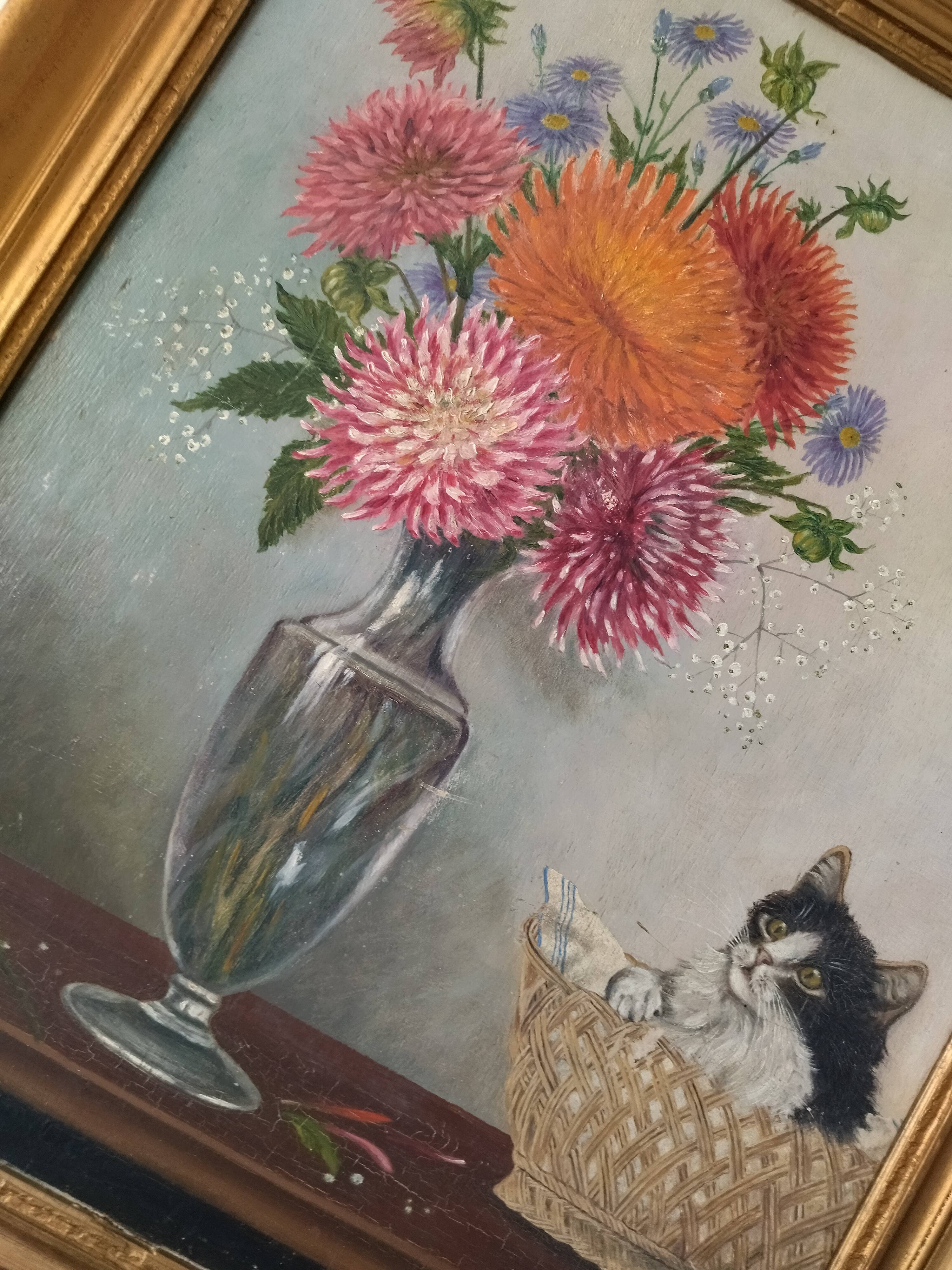 Old panel painting - Kitten and Flowers - Signed Léon Chevalier