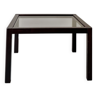 table basse design carrée acajou et verre fumé