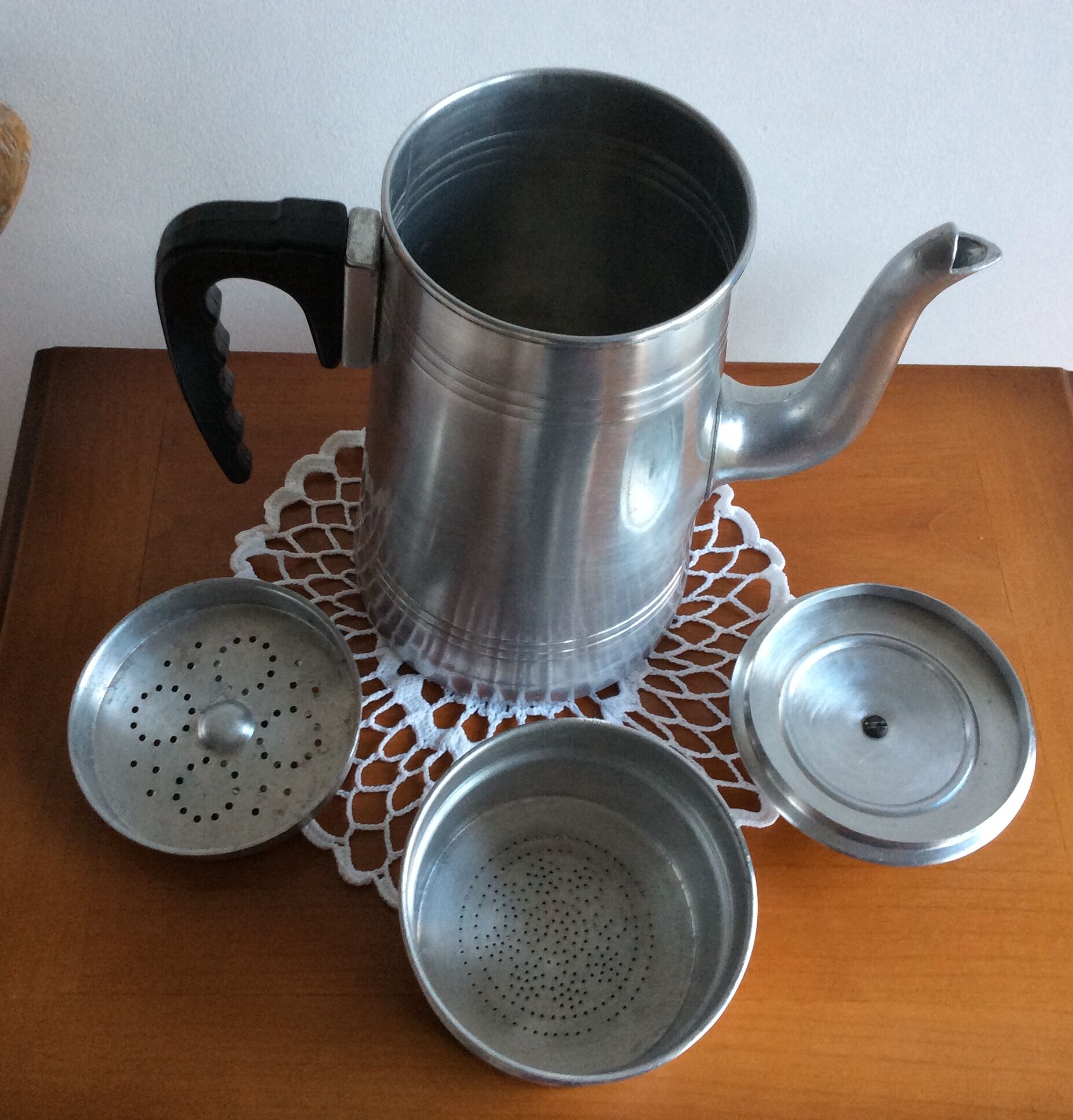 Old complete aluminum coffee maker le trèfle bakelite handle