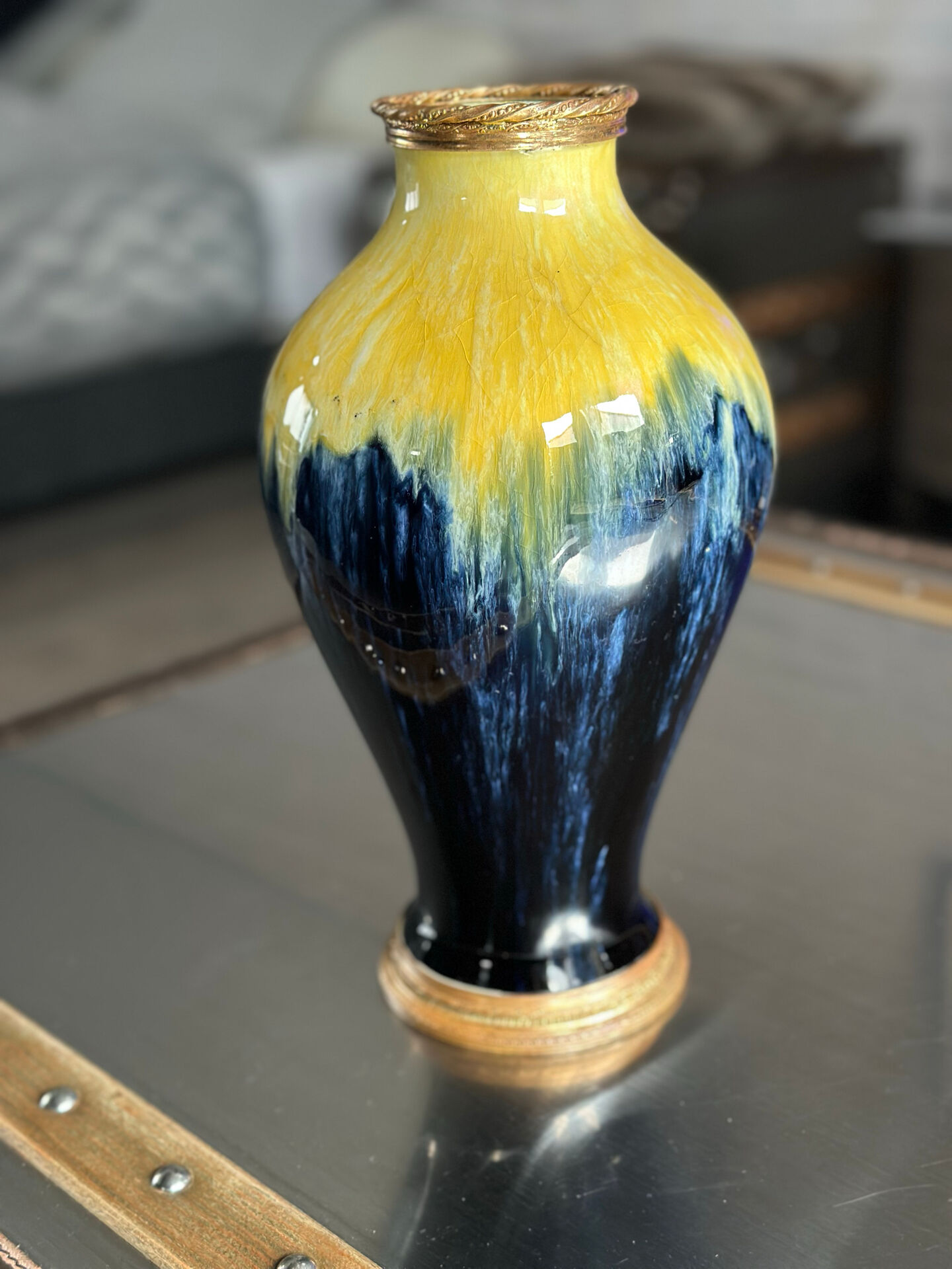 Art Deco vase in yellow and blue flamed earthenware - Shape 485, circa 1930