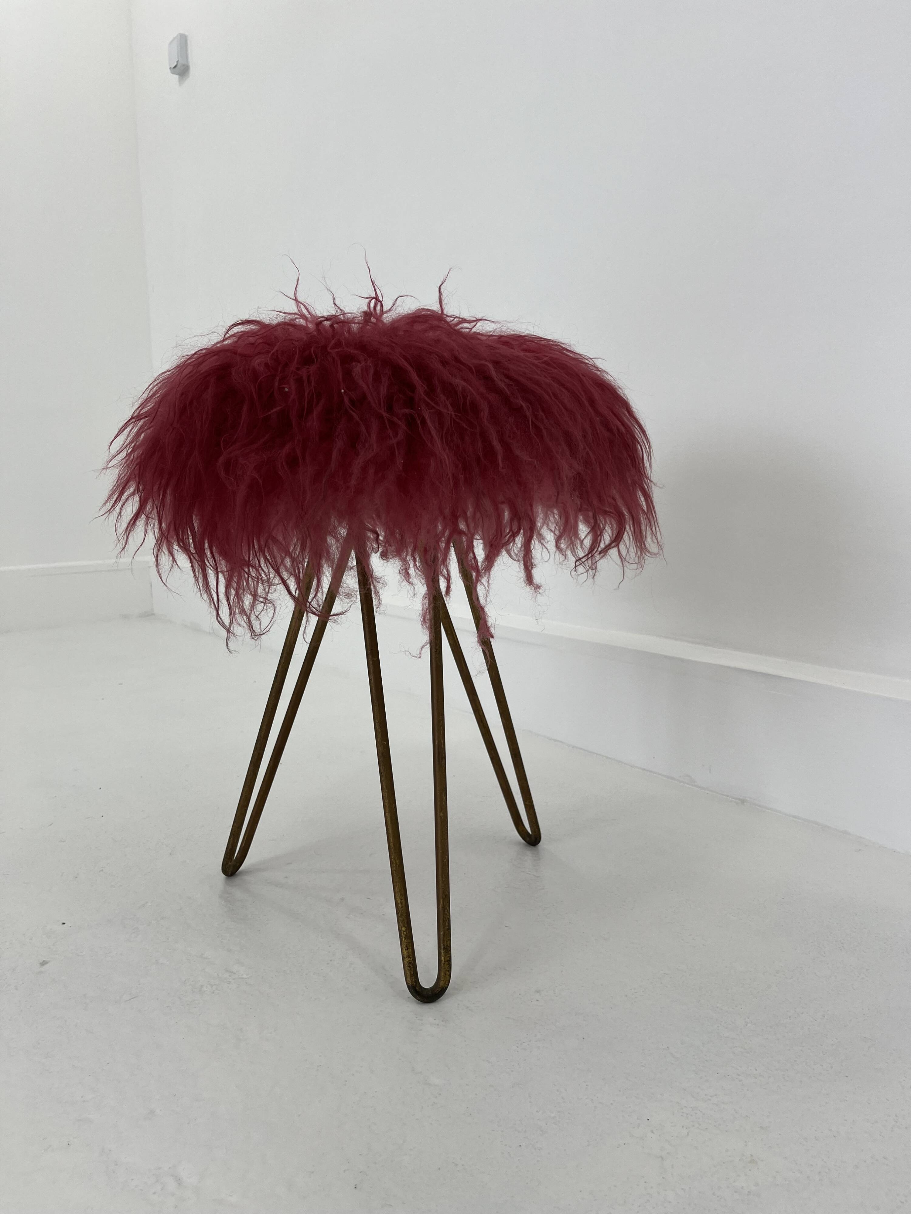 Midcentury Modern Red Flokati Stool, 1950
