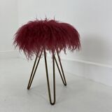 Midcentury Modern Red Flokati Stool, 1950