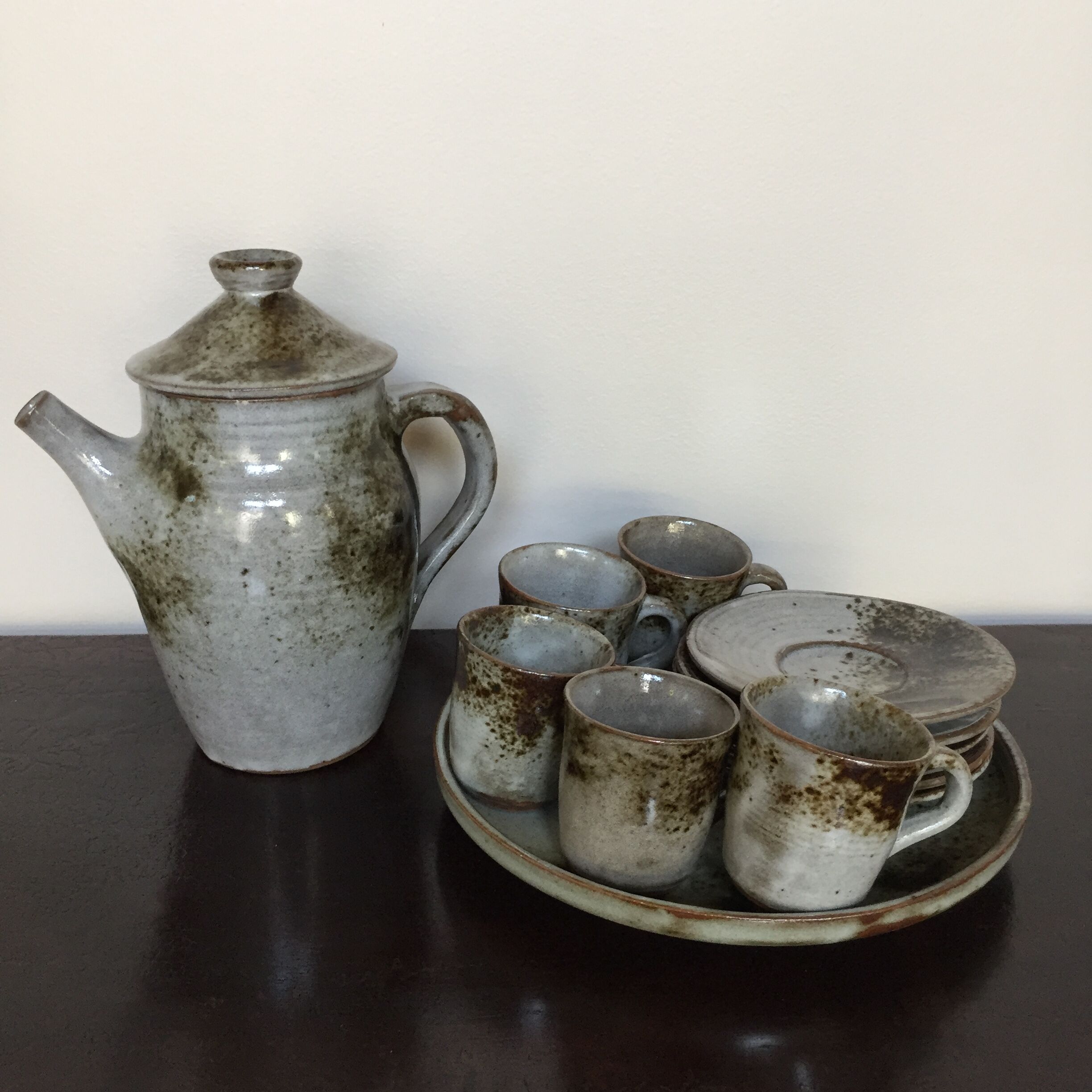 Signed enamelled sandstone coffee service