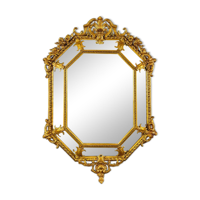 Miroir ancien octogonal en bois doré richement sculpté, style Louis XV