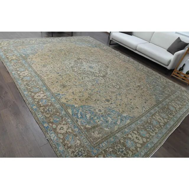 1960s Vintage Persian Handmade Wool Cotton Yellow Area Rug 284x366