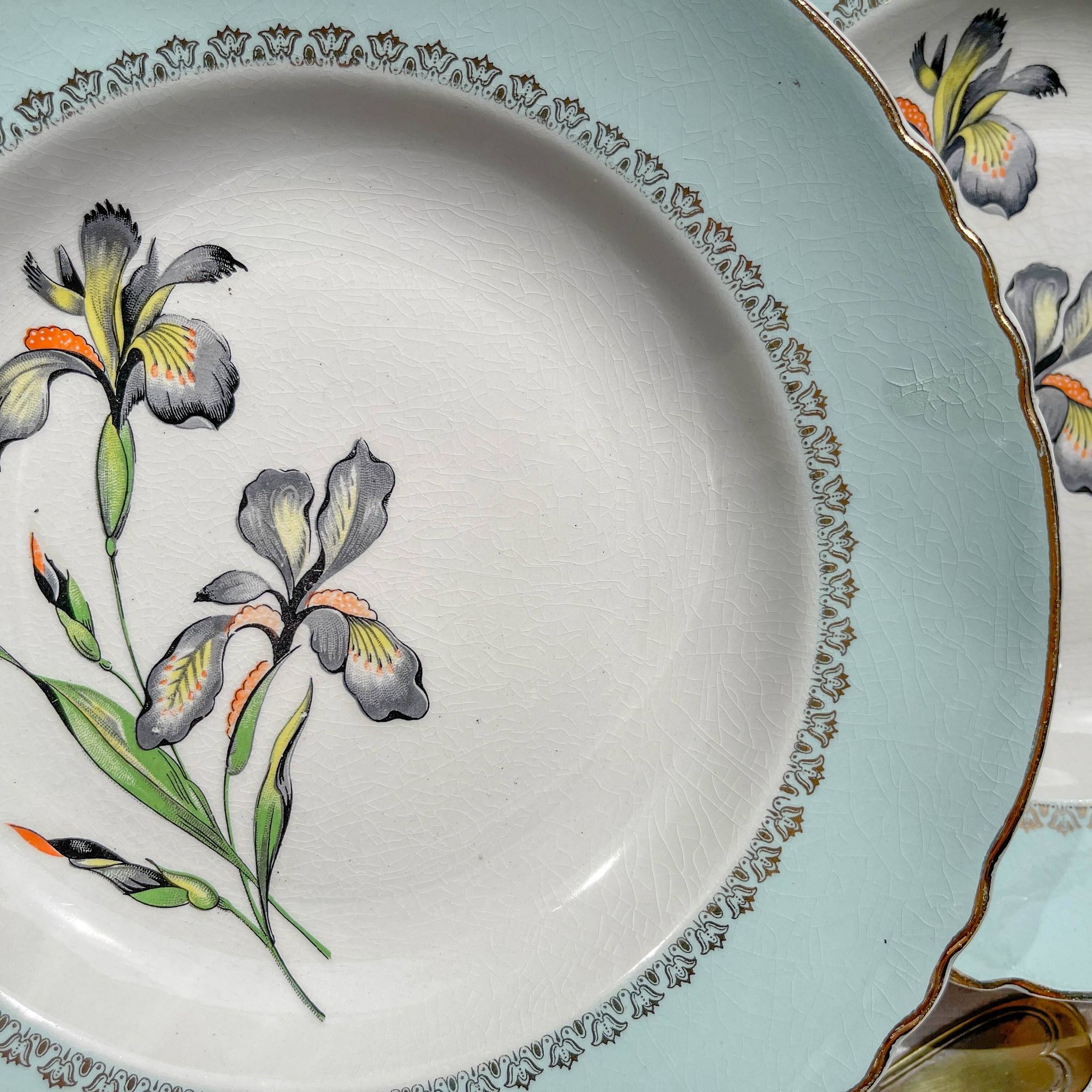 6 vintage white and green porcelain soup plates Iris Moulin des Loups "Sargosse" 1950s