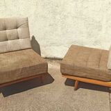 Pair of heaters 60s solid teak two-tone cushions