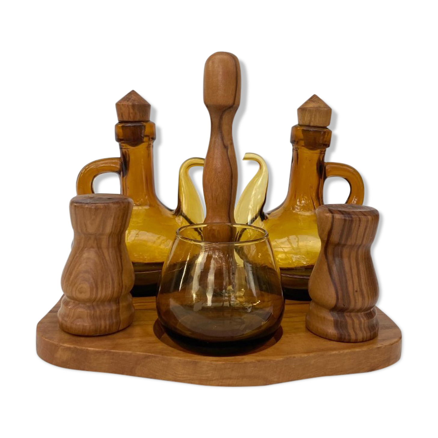 OLIVE OIL WOODEN SERVANT -VINAIGRE - SALT-PEPPER-MUSTARD