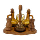 OLIVE OIL WOODEN SERVANT -VINAIGRE - SALT-PEPPER-MUSTARD