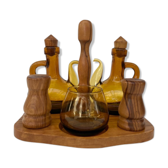 OLIVE OIL WOODEN SERVANT -VINAIGRE - SALT-PEPPER-MUSTARD