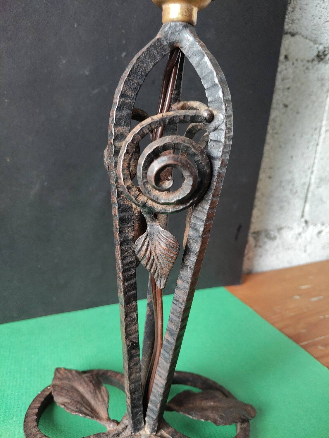 Hammered wrought iron lamp with white opaline Handmade craftsmanship