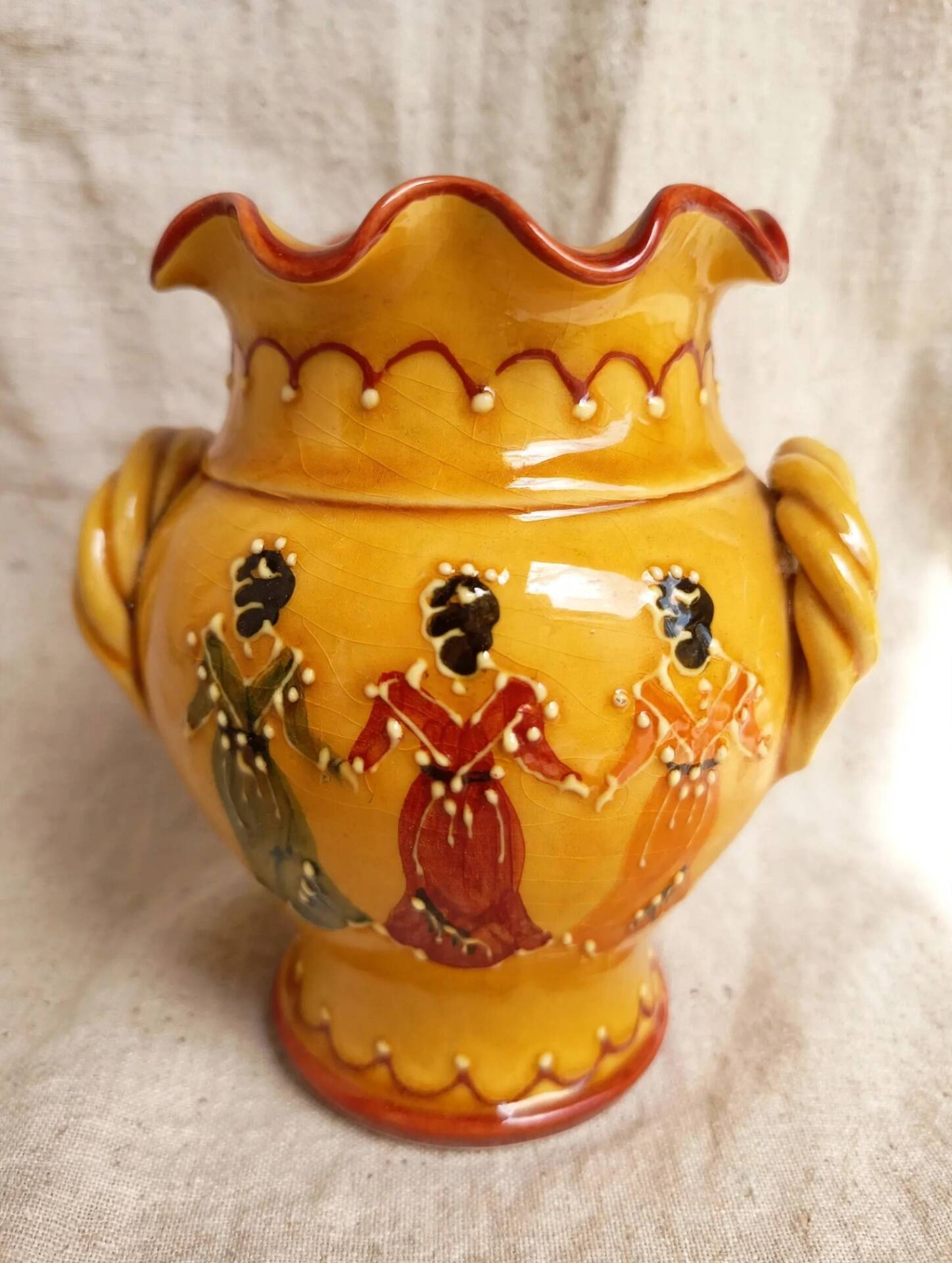 Vase pitcher Vallauris vintage yellow 3 Spanish dancers 50s