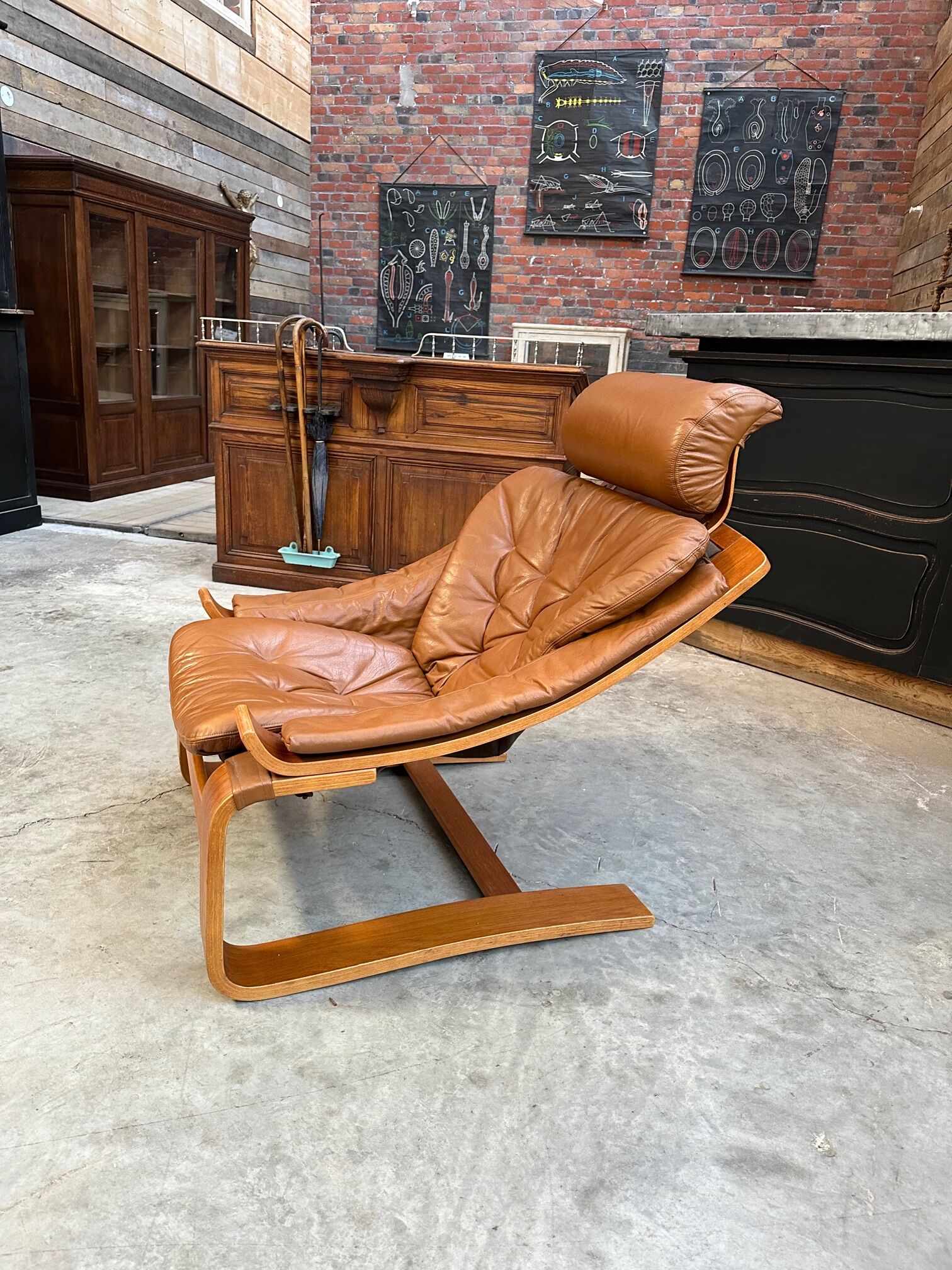 Kroken armchair and footrest in leather and bentwood by Ake Fribytter for Nelo Mobel, Sweden