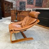 Kroken armchair and footrest in leather and bentwood by Ake Fribytter for Nelo Mobel, Sweden