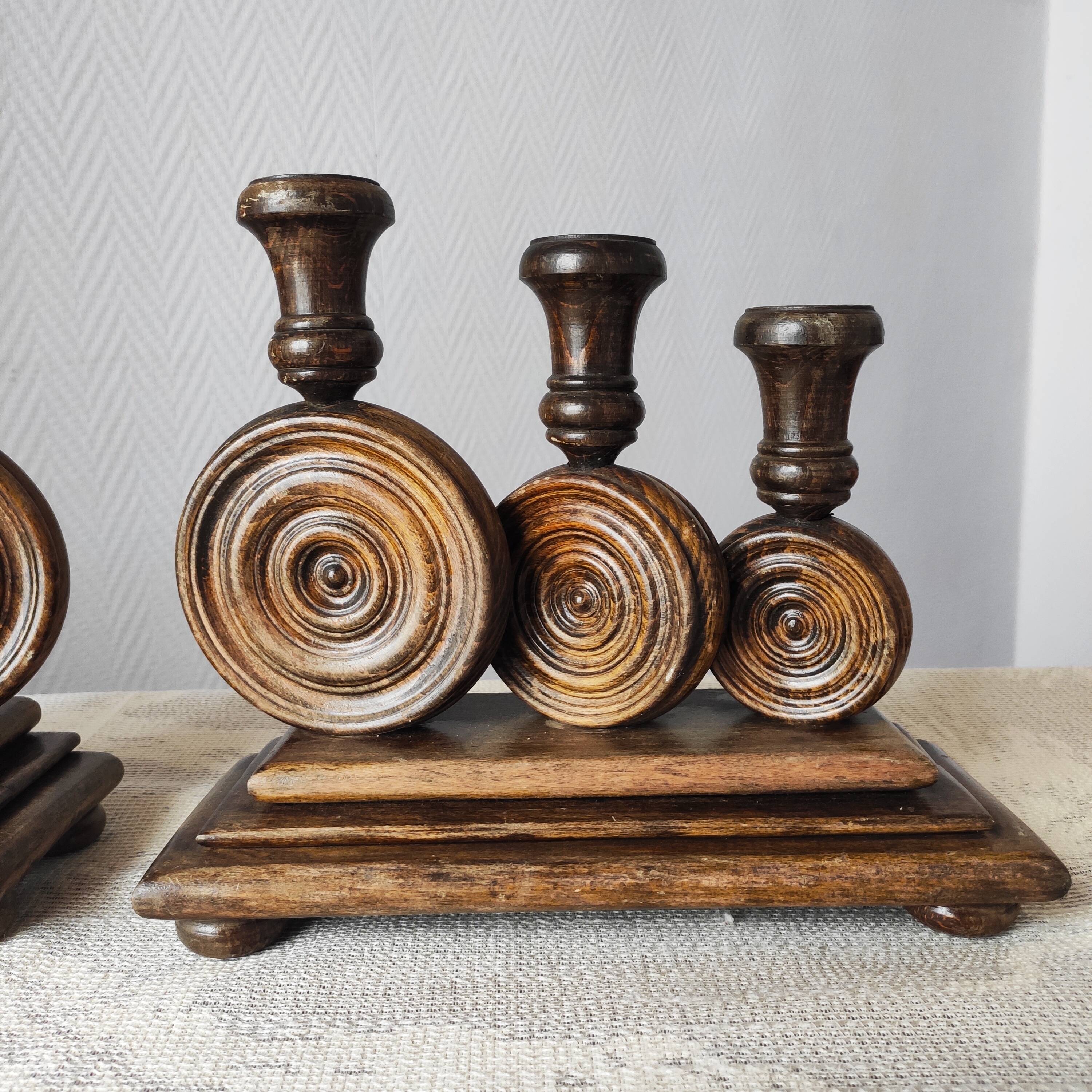 Brutalist turned wood candlestick holders – vintage 50s-60s