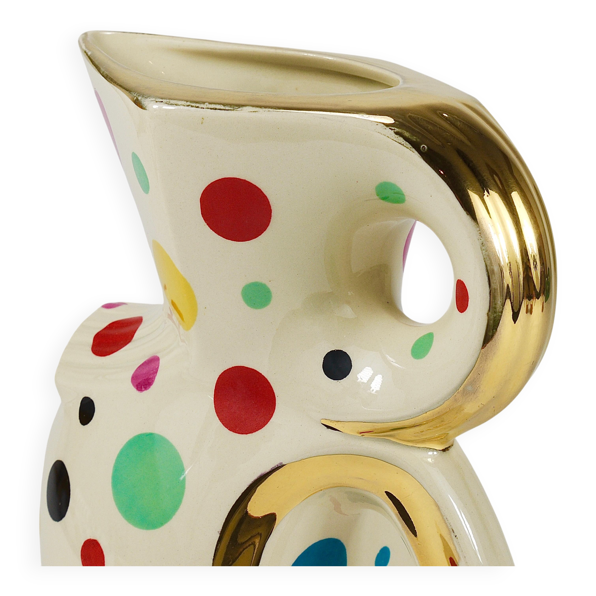 Boch Frères Pichet / Mid-Century Jug in Gold and Polka Dots, Belgium, 1950s