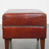 Set of 2 Cognac-Colored Cowhide Leather Club Chairs with Matching Ottoman