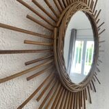 Vintage 1960s sunburst mirror, rattan, wicker, handmade - 55 cm