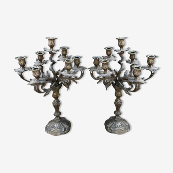 Paire de chandeliers bronze argenté 7 feux 53cm