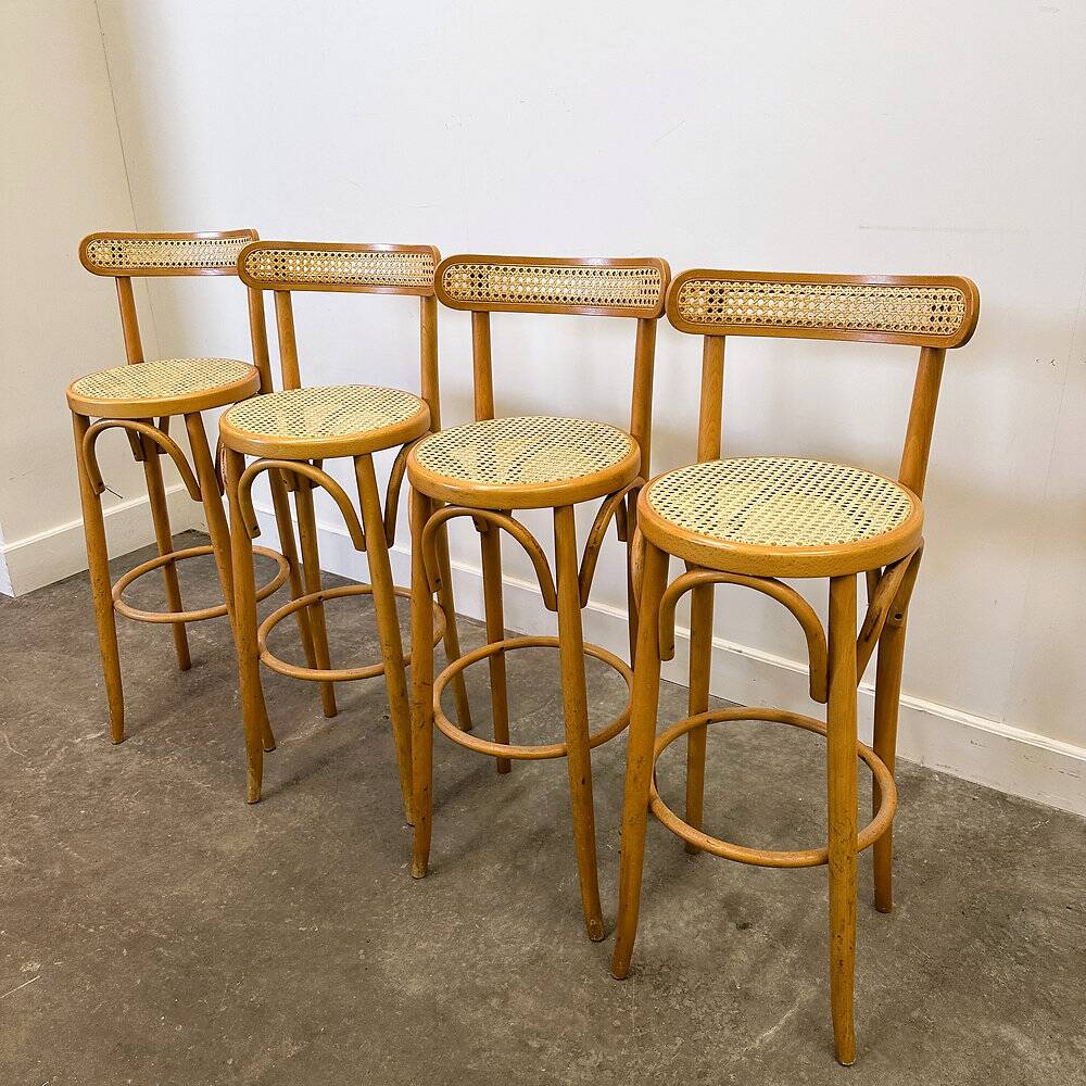 Set of 4 vintage Italian bentwood & cane bar stools, 1970s