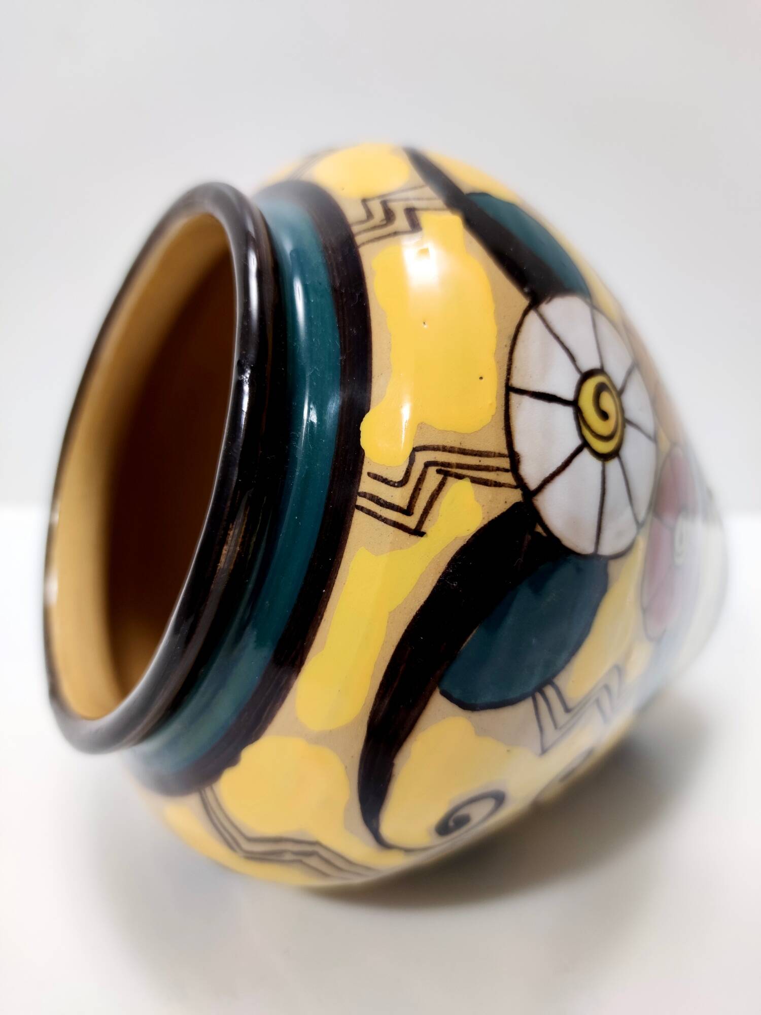 Futurist Yellow Glazed Earthenware Vase with Floral Motifs, Italy