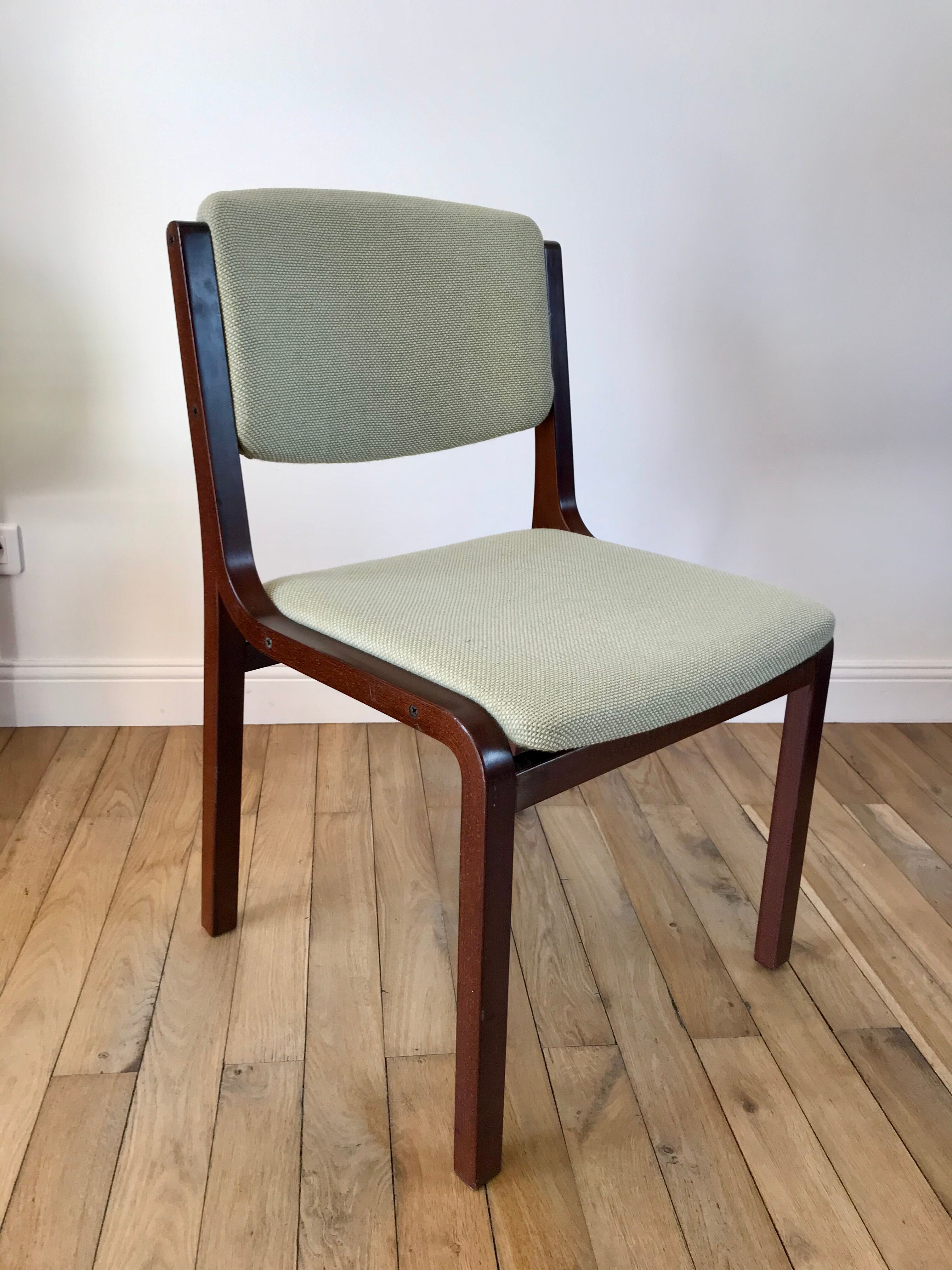 Pair of wooden armchairs and green and ecru fabrics 70s