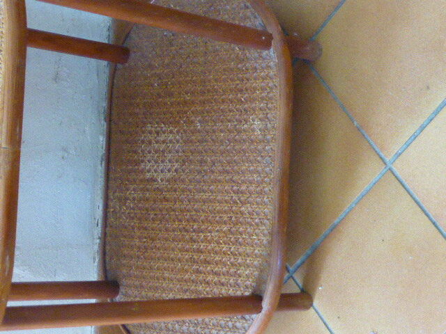 Side table, serving, pedestal, double tray, wood and vintage caning