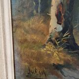 huile sur toile ancadrée XXème Chemin en sous bois