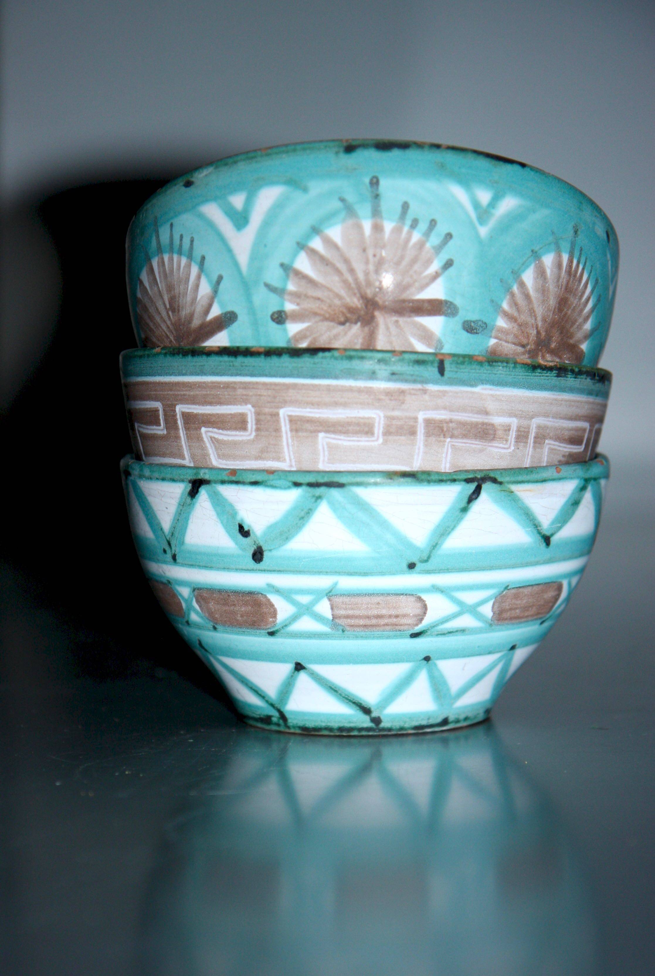 Three Robert Picault bowls, Vallauris ceramics from the 1950s.