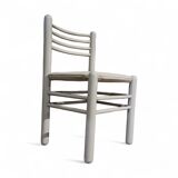 5 x dining chairs / light grey wooden frame / leather seat / Germany 1970s / labeled "ideen für kuchen - innenarchitektur"
