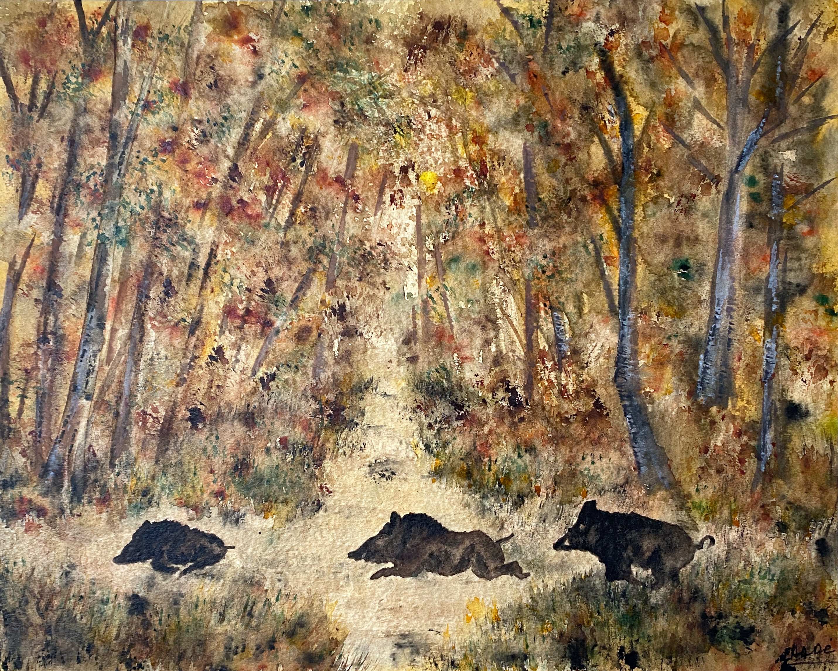 Painting Gouache Watercolor "herd of wild boar in the forest" HSC signed Carré