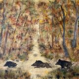 Painting Gouache Watercolor "herd of wild boar in the forest" HSC signed Carré