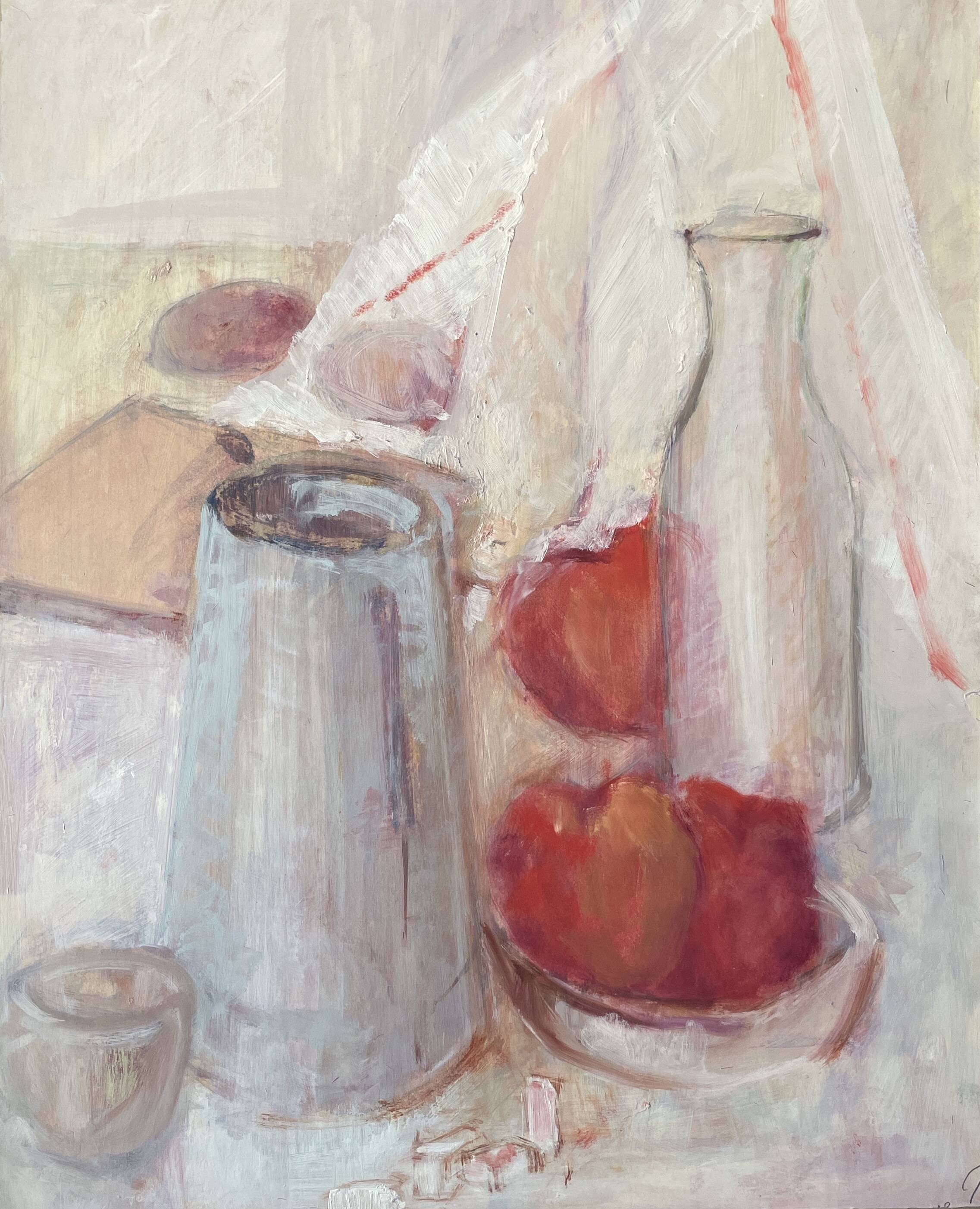 Still life "Red apples and blue pitcher" oil on cardboard